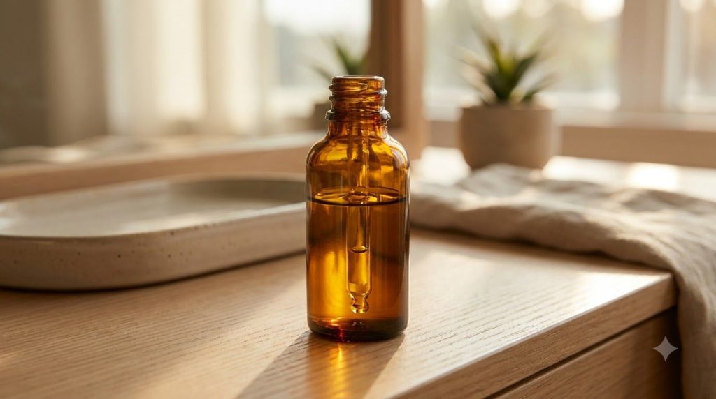 A small glass dropper bottle filled with the prepared Botox Oil blend placed on a vanity or beside a bed for night time 