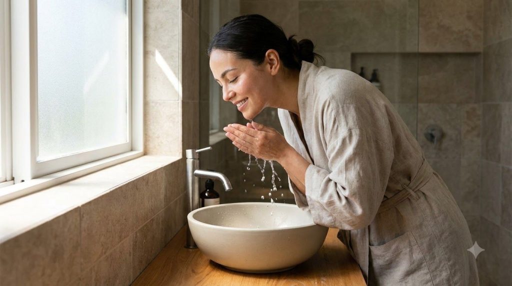 A woman gently rinsing her face with warm water with a soft glow on her skin representing the smooth and hydrated result