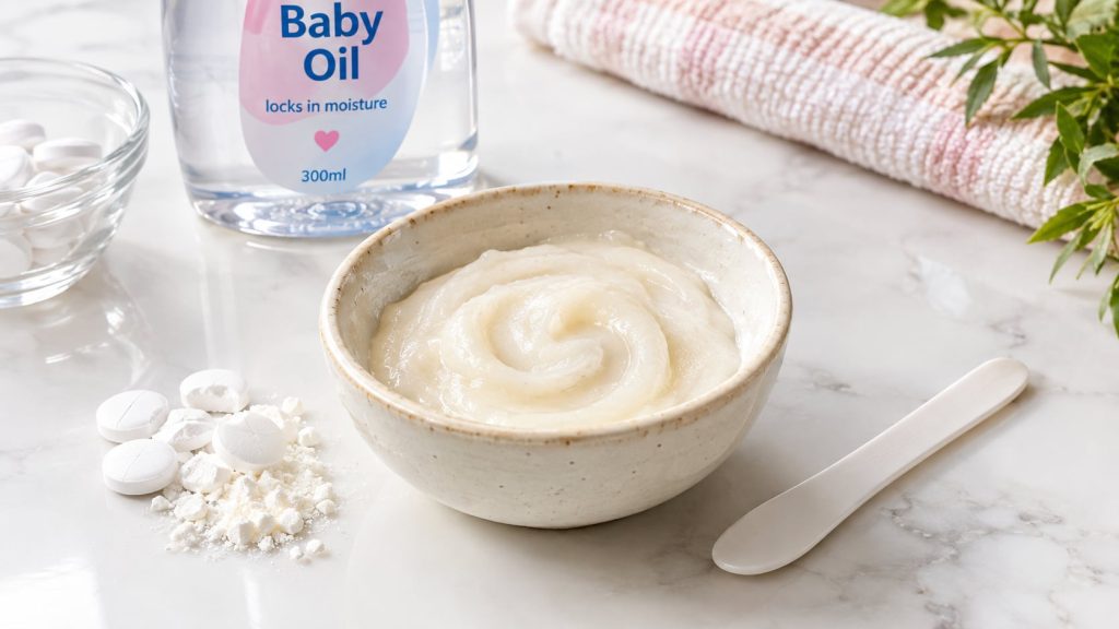 A small bowl containing a smooth creamy paste made from crushed aspirin and baby oil with a small spatula or brush next 