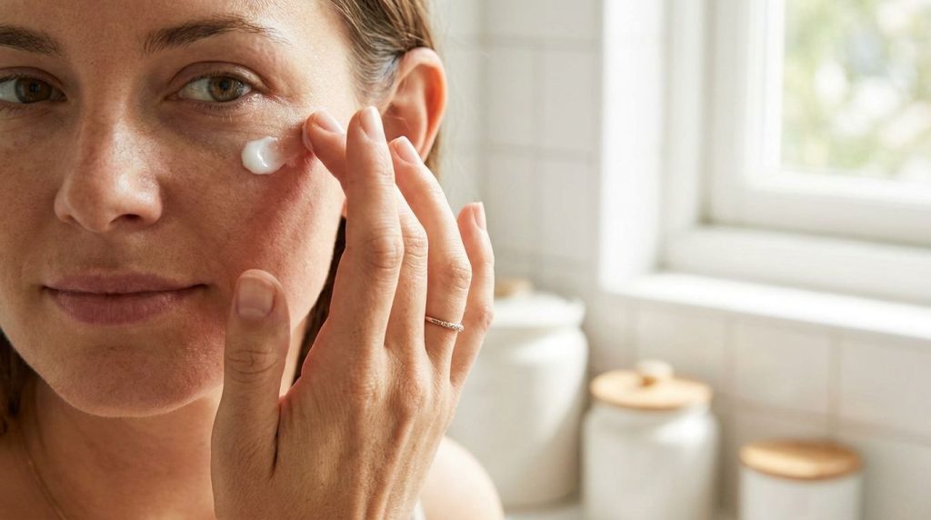 A close-up of a woman gently dabbing a small amount of under-eye cream onto her skin with her ring finger