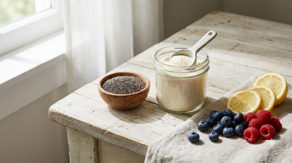 An assortment of ingredients for the collagen glow drink a scoop of collagen powder a bowl of chia seeds and fresh berri