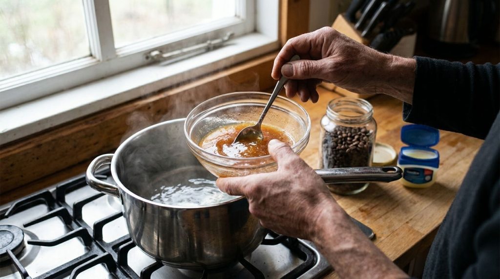 A person s hands gently stirring a bowl of melted Vaseline and coffee-infused oil with a small spoon in a double boiler 