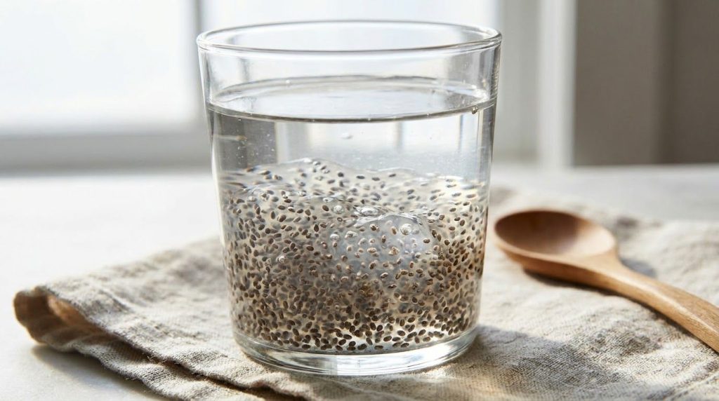 Close-up of chia seeds swelling in water in a glass forming a gel-like consistency