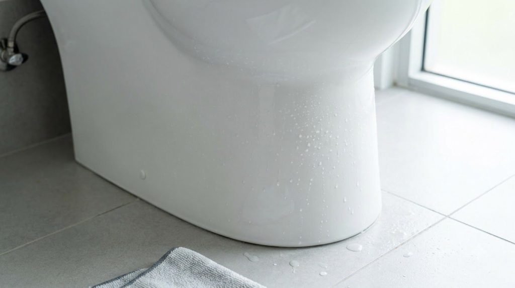 A gleaming clean white toilet base and pristine tiled floor wet and sparkling after being cleaned with a clean microfibe
