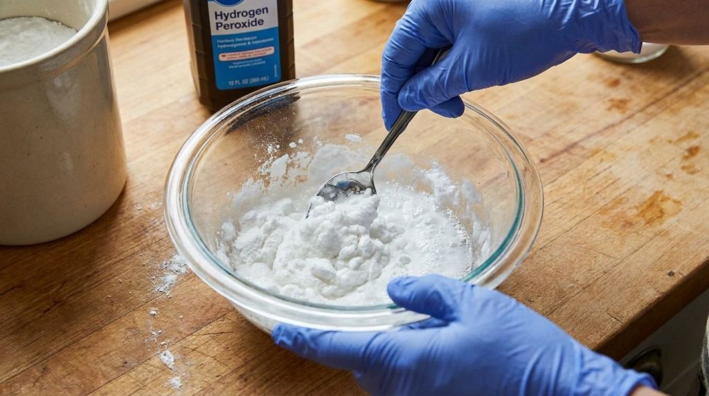 Hands in gloves mixing baking soda and hydrogen peroxide in a bowl to form a thick paste