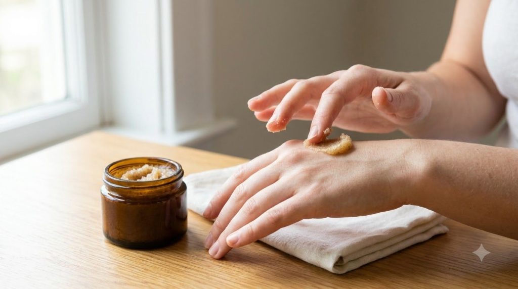 A person s hand gently applying the Vaseline and coffee mix to the back of another hand or a cheek demonstrating applica