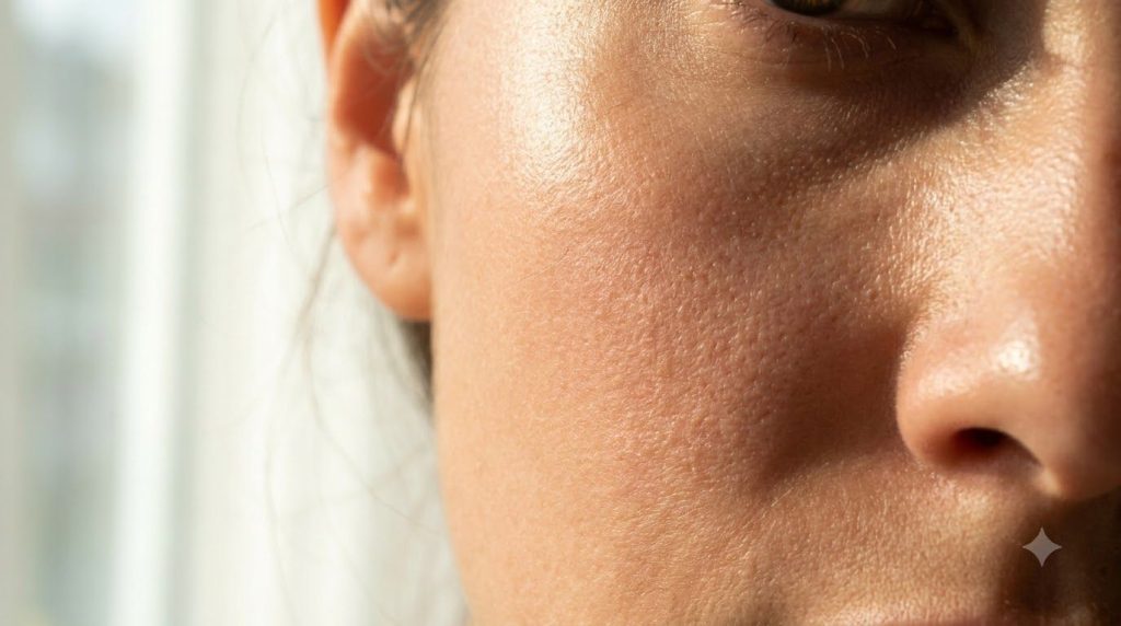 A close-up of a woman s radiant and smooth skin after an overnight treatment showing a natural glow