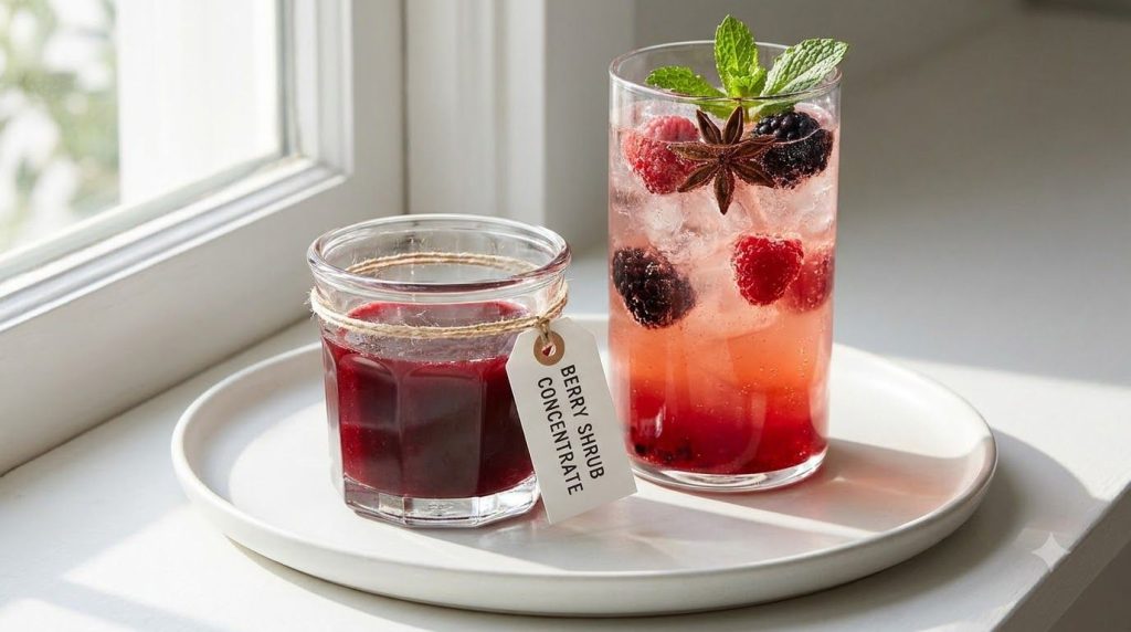 A small glass of deep red berry shrub concentrate next to a taller glass of diluted sparkling berry shrub garnished with