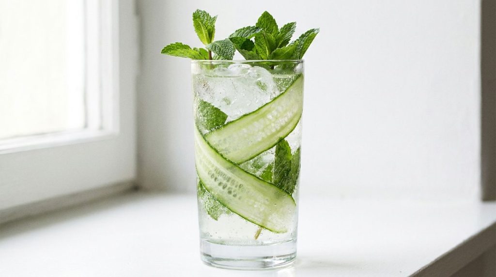 A tall clear glass filled with a sparkling cucumber mint cooler garnished with thin cucumber ribbons and fresh mint leav