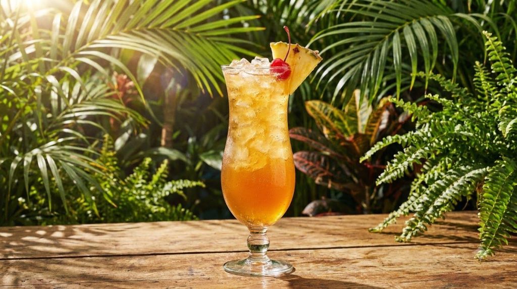 A vibrant tropical ginger fizz in a hurricane glass garnished with a slice of pineapple and a cherry The drink is orange