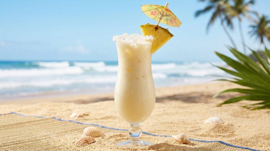 A frosty virgin piña colada in a hurricane glass garnished with a pineapple wedge and a small umbrella set on a sunny be