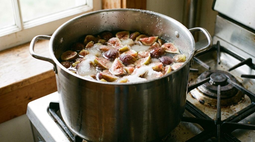 Chopped fresh figs in a large pot with water and sugar ready for boiling