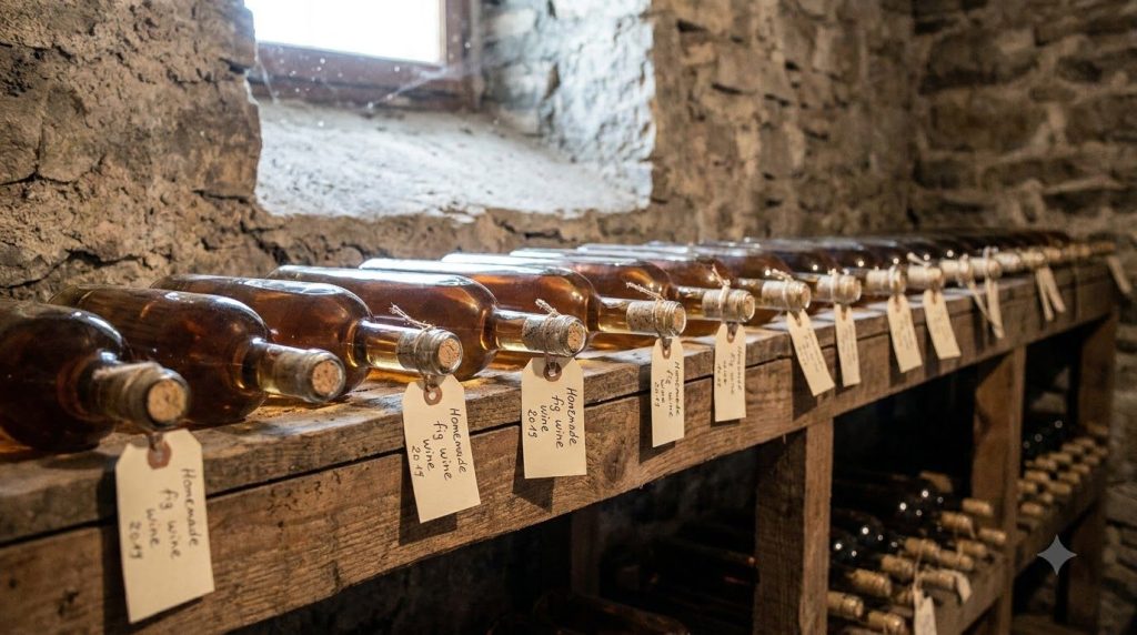 Bottles of amber fig wine corked and labeled stored in a cool dark cellar
