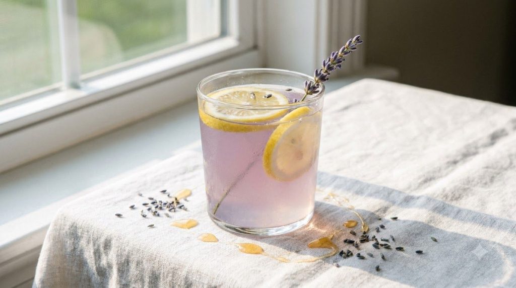 A glass of pale purple honey lavender lemonade with lemon slices and lavender sprigs on a light tablecloth
