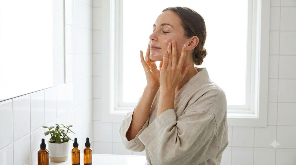 A person gently massaging the DIY baby oil blend onto their face focusing on the cheek area