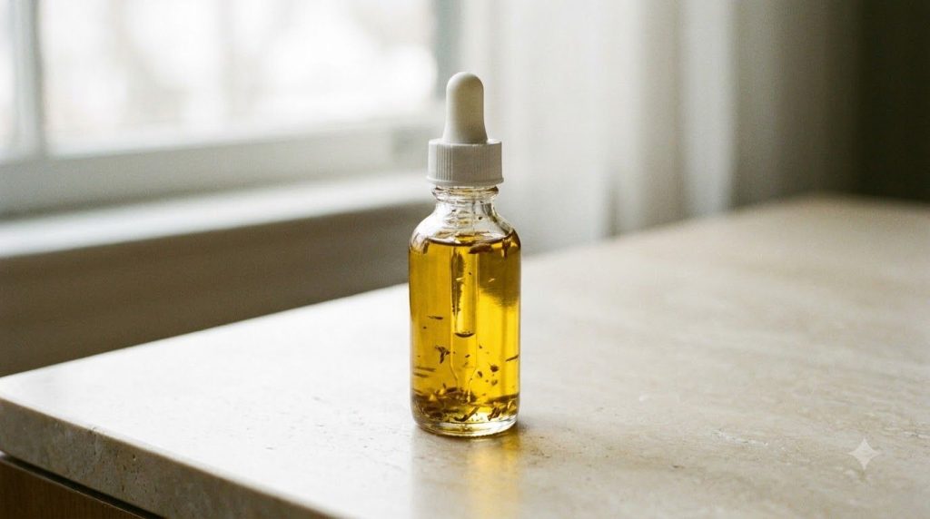 A close-up of a small glass bottle filled with the homemade oil blend with a dropper on a minimalist background