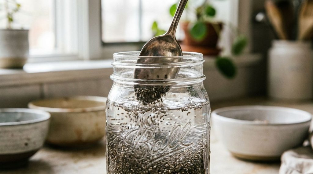 A spoon stirring chia seeds in a clear glass jar filled with water illustrating the preparation process