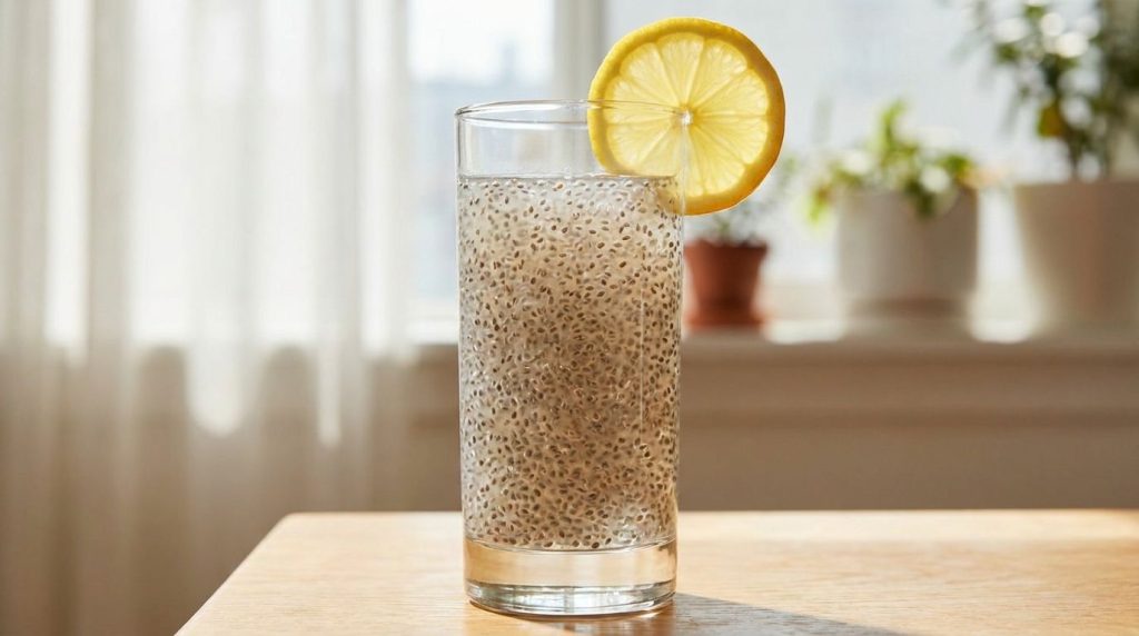A glass of prepared chia seed drink with a slice of lemon on the rim showcasing a refreshing and healthy beverage