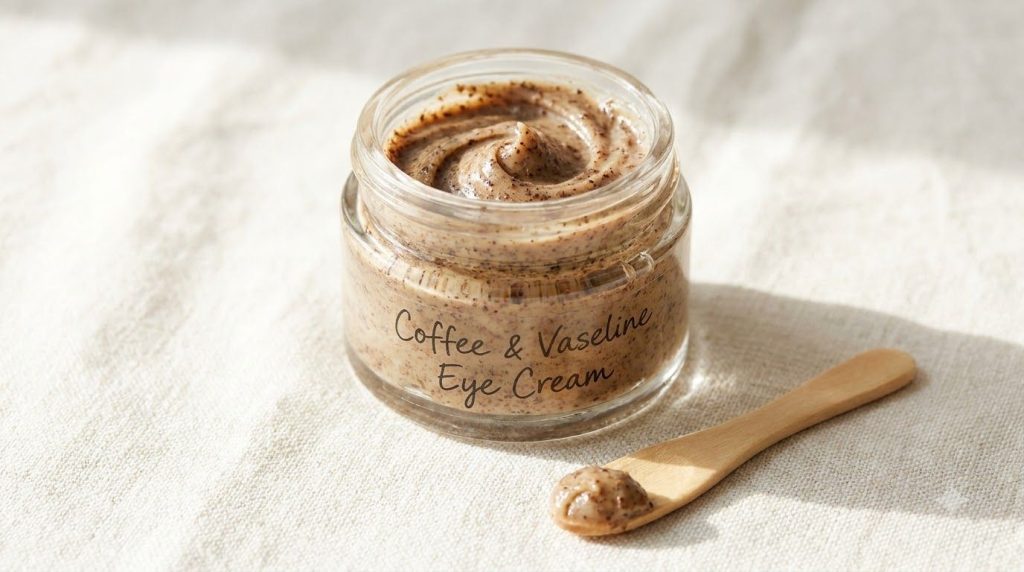 A small glass jar containing the freshly made coffee and Vaseline eye cream with a mini spatula next to it on a light ba