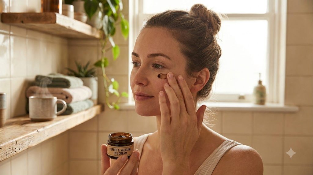 A woman gently dabbing the coffee and Vaseline eye cream under her eye with a fingertip in a soft focus bathroom setting