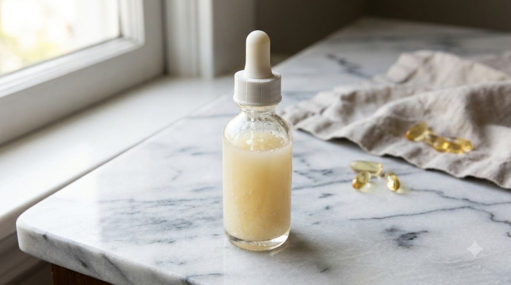 A small glass bottle with a dropper containing the mixed baby oil and crushed vitamin pills ready for use