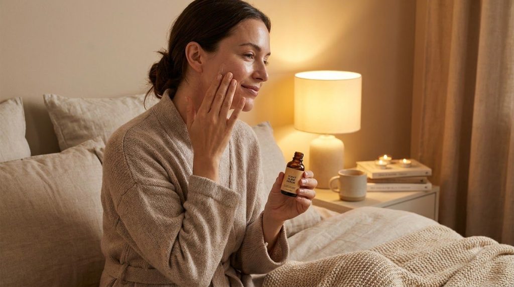 A woman gently massaging a few drops of the serum onto her face before bedtime with soft serene lighting