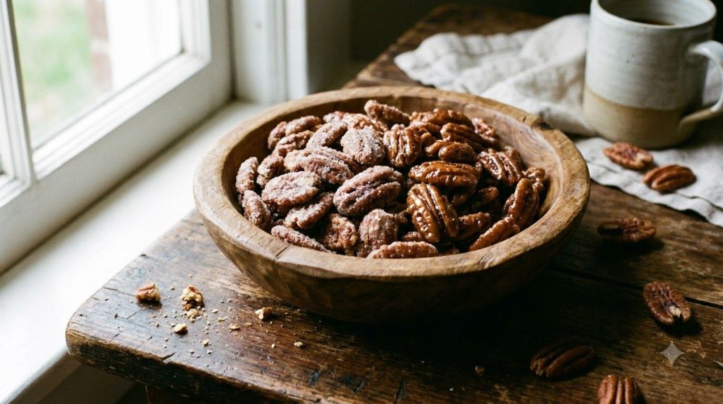 A bowl of golden-brown candied pecans glistening with a sweet glaze and a sprinkle of sea salt The pecans are arranged i