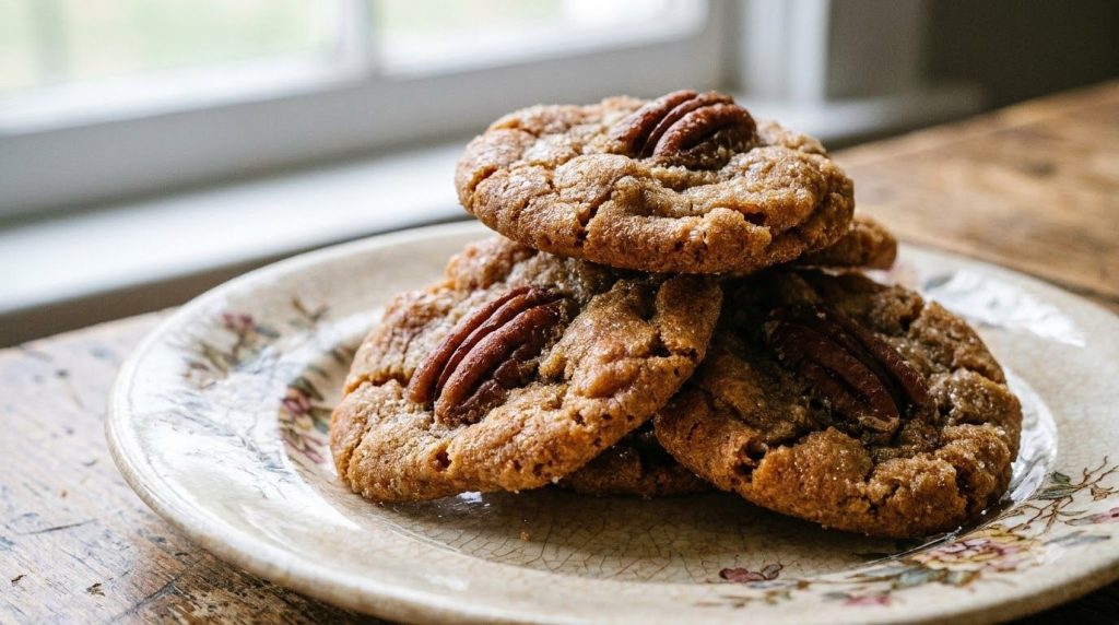 A stack of traditional Southern pecan pralines on a vintage white plate The pralines are irregularly shaped with visible