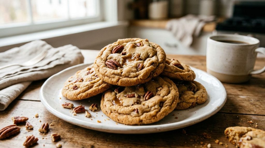 A plate of freshly baked butter pecan cookies golden brown with slightly crispy edges and soft centers showing bits of c