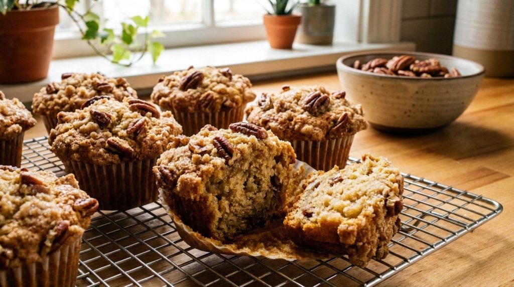 Fluffy golden-brown pecan streusel muffins with a generous crumble topping arranged on a cooling rack Some muffins are b