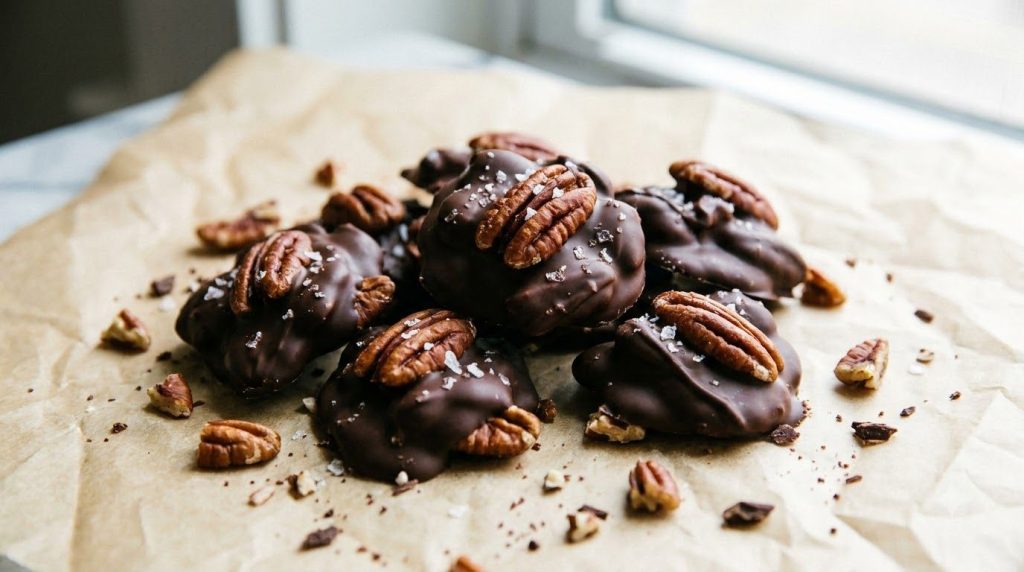 A pile of homemade chocolate pecan clusters on a piece of parchment paper showing rich dark chocolate coating whole peca