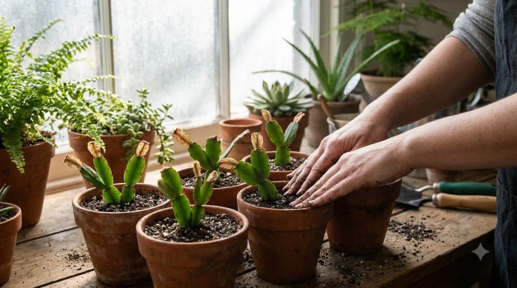 Several calloused Christmas cactus cuttings carefully planted in small pots filled with well-draining soil with hands ge