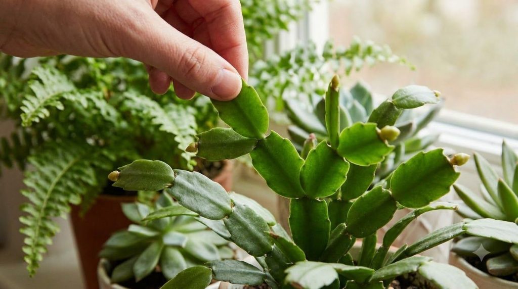 A close-up of a hand gently twisting off a 3-segment cutting from a healthy Christmas cactus stem showing the clean brea