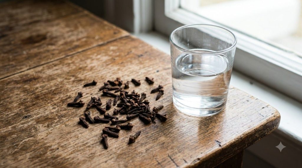 Whole cloves scattered next to a glass of water representing the simple ingredients for the toner