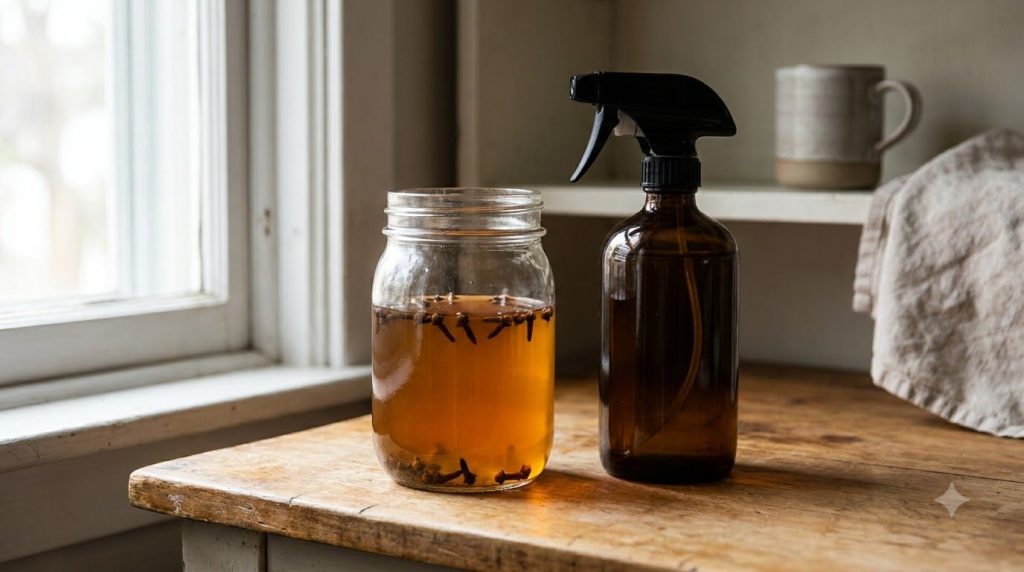 Clove water steeping in a glass jar showing the amber color with a spray bottle next to it for storage