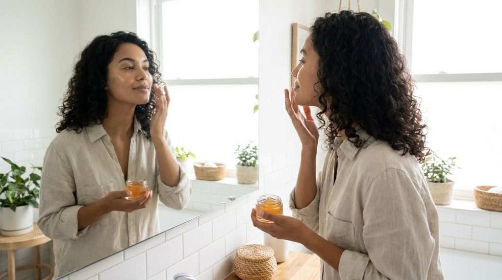 A woman gently applying a thin layer of DIY gel to her clean face with her fingertips in a well-lit bathroom