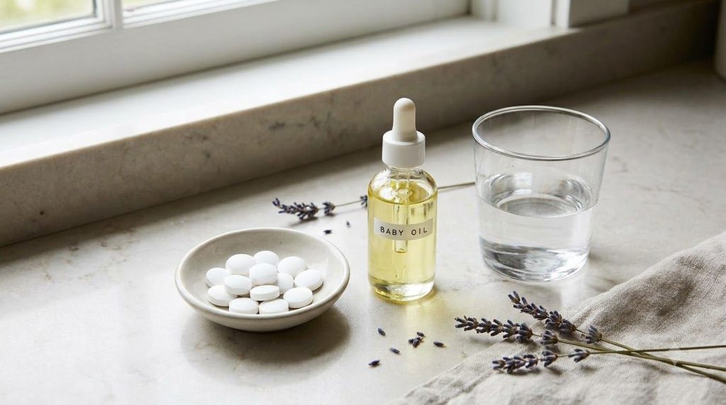 Ingredients for aspirin and baby oil gel aspirin tablets a small bottle of baby oil and a glass of water arranged on a c