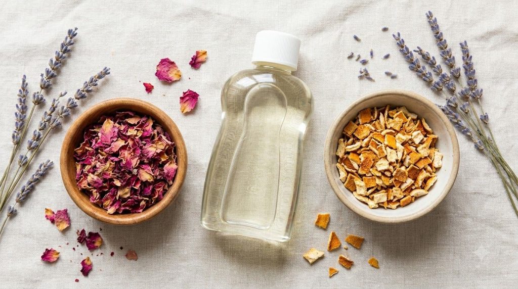 Ingredients laid out for a DIY baby oil infusion a bottle of baby oil a bowl of dried rose petals and a bowl of dried or