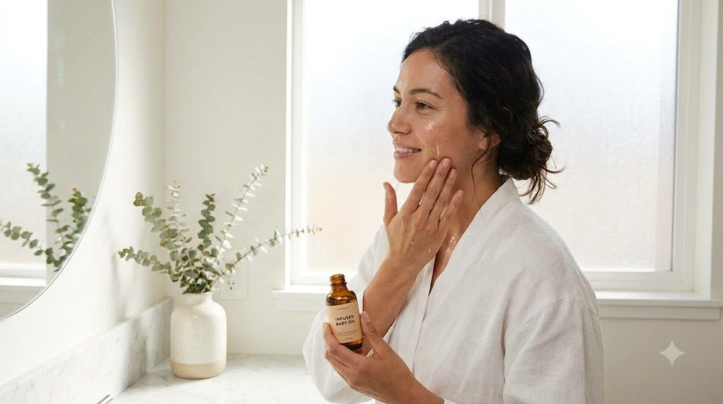 A woman gently massaging the infused baby oil onto her face for a radiant glow