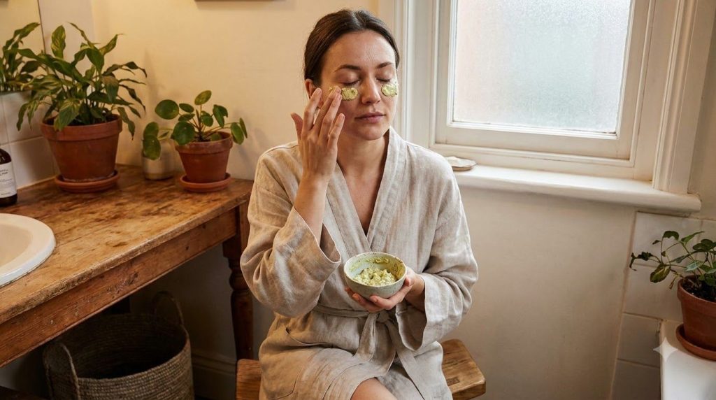 A woman applying the potato and cucumber paste under her eyes looking relaxed