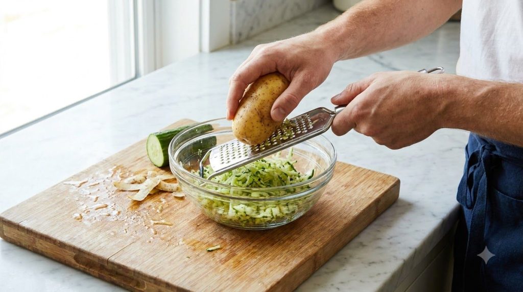 Hands grating a potato and cucumber into a bowl to make a DIY under-eye mask