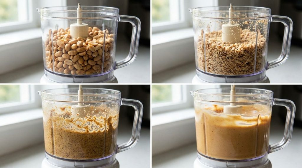 A blender processing roasted peanuts showing different stages from chopped nuts to a thick paste and eventually creamy b
