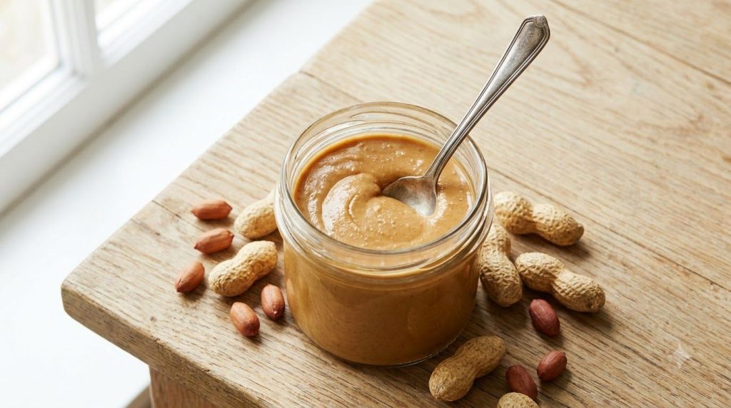 A jar filled with creamy homemade peanut butter with a spoon dipped into it and roasted peanuts scattered around