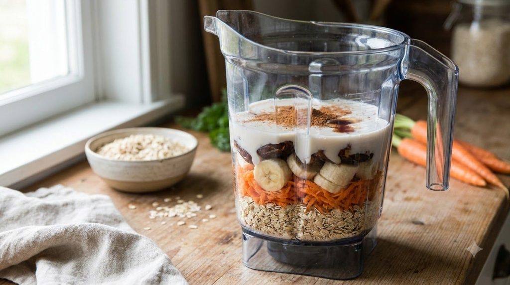Blender filled with oats carrots banana dates milk cinnamon and vanilla extract before blending