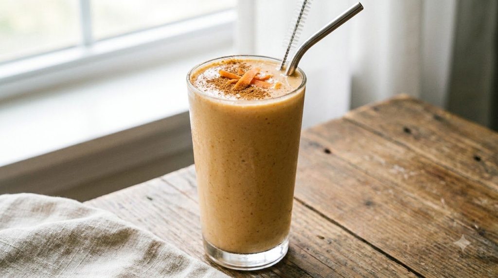 A tall glass of creamy carrot oat smoothie with a straw garnished with a sprinkle of cinnamon