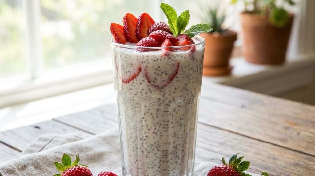 A finished chia seed drink in a tall glass garnished with fresh sliced strawberries and a sprig of mint ready to be serv