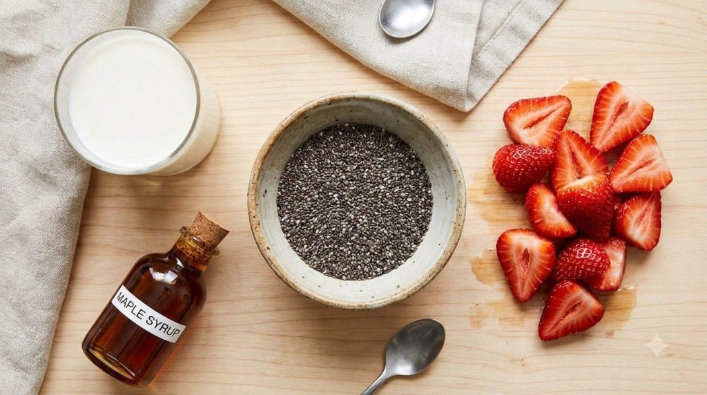 All ingredients for the chia seed drink laid out a small bowl of chia seeds a glass of milk a bottle of maple syrup and 