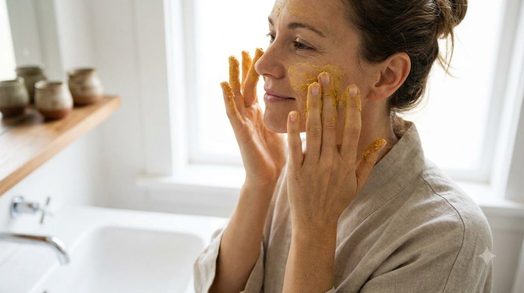 A woman applying the baby oil turmeric rice mask to her face