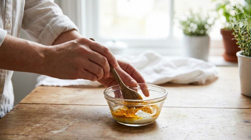 Mixing baby oil turmeric and rice powder in a bowl
