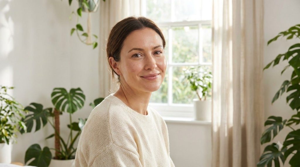 A fresh radiant-looking woman smiling softly showcasing smooth and hydrated skin after a beauty treatment